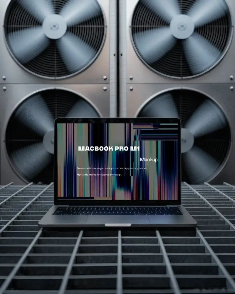 Industrial Zone Macbook Pro M1 Mockup On Metal Grate With Spinning Cooling Fans In Tech Backdrop