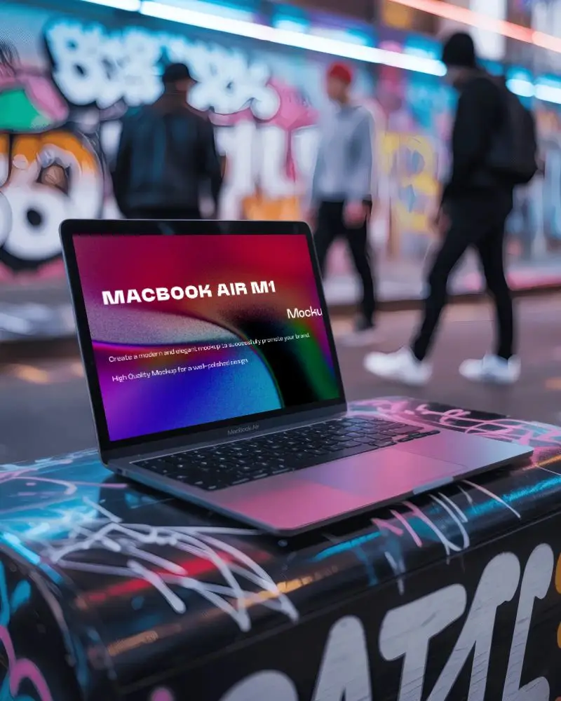 Neon Lit Street Macbook Air M1 Mockup On Graffiti Wall With People Walking In Background
