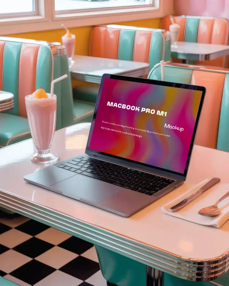 Retro Diner Macbook M1 Pro Mockup On Pink Table With Milkshake And Vintage Booth Background