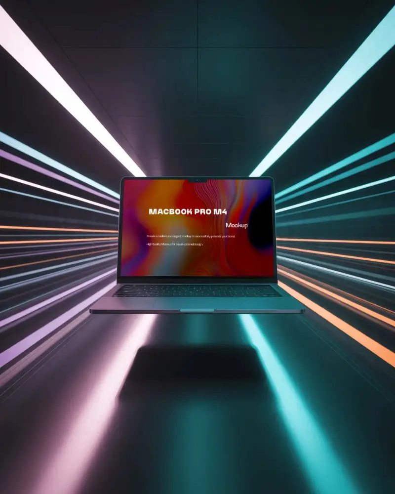 Floating Macbook M4 Pro Mockup In Futuristic Neon Tunnel With Glowing Light Streaks
