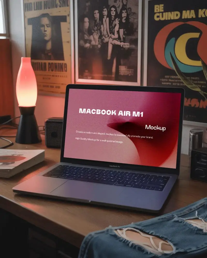 Vintage Room Macbook Air M1 Mockup On Wooden Desk With Lava Lamp And Old Band Posters