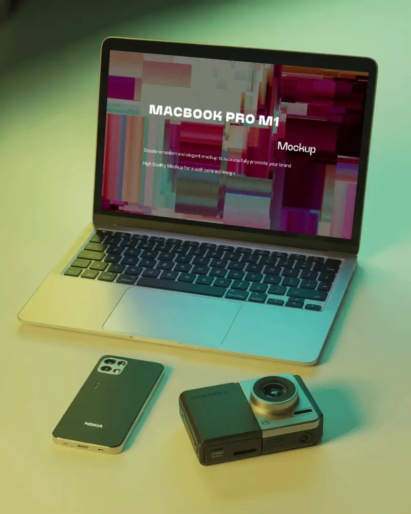Creative Desk Macbook Pro M1 Mockup With Phone And Camera Under Neon Gradient Lighting
