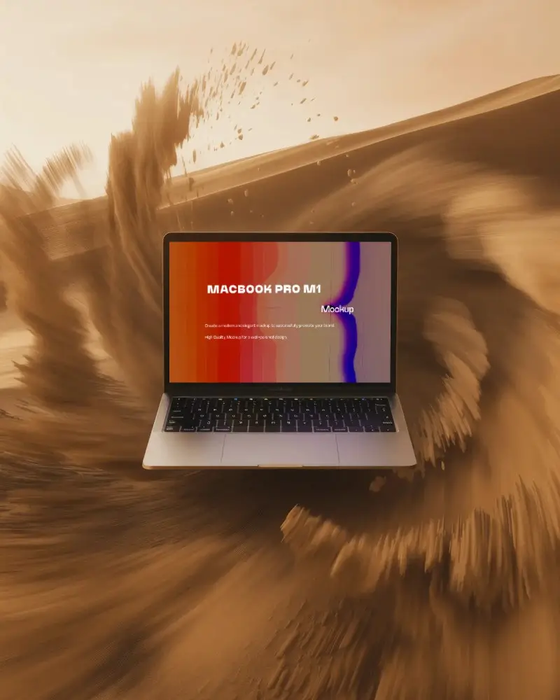 Dune Blast Macbook Pro M1 Mockup Hovering In Sandy Desert Scene With Motion Effect