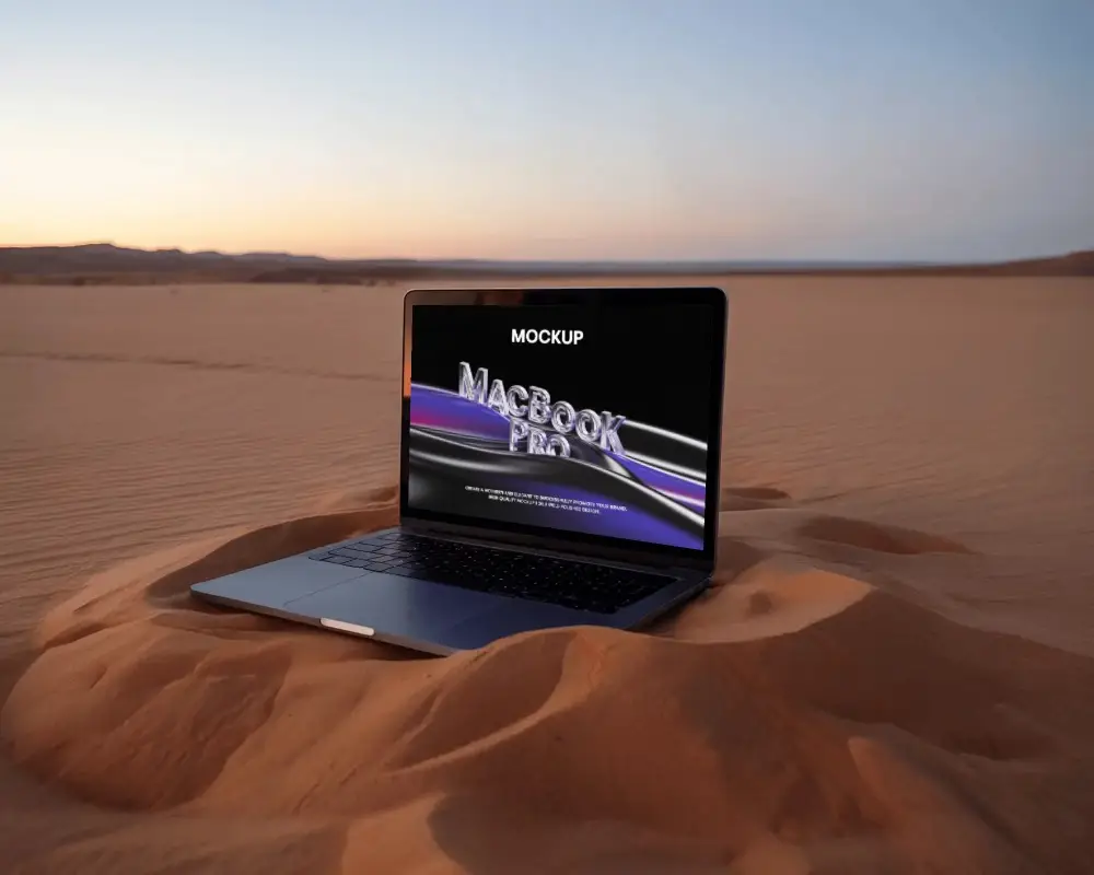 Wide Desert Macbook M1 Pro Mockup Soft Evening Light Smooth Sand Backdrop