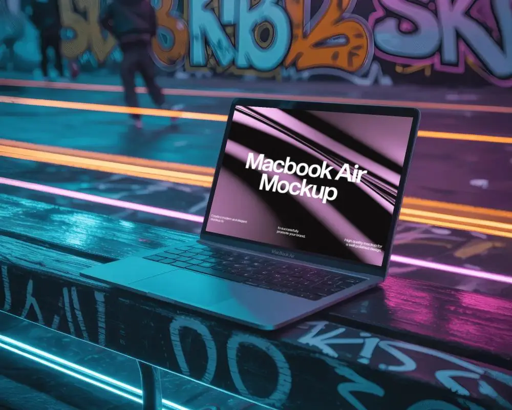 Vibrant Graffiti Macbook M1 Air Mockup On Urban Bench Street Style Scene