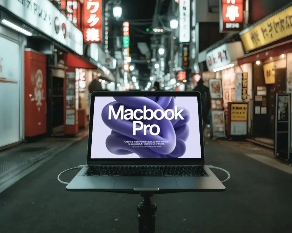Japanese Alley Macbook M1 Pro Mockup Centered In Vibrant Lit Street Scene
