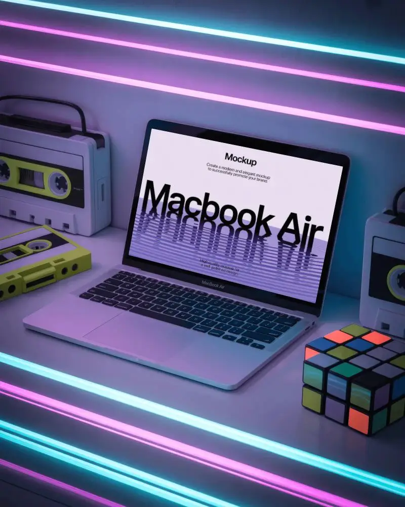 Retro Neon Macbook M1 Air Mockup With Cassette Tapes And Rubik Cube Lighted Backdrop