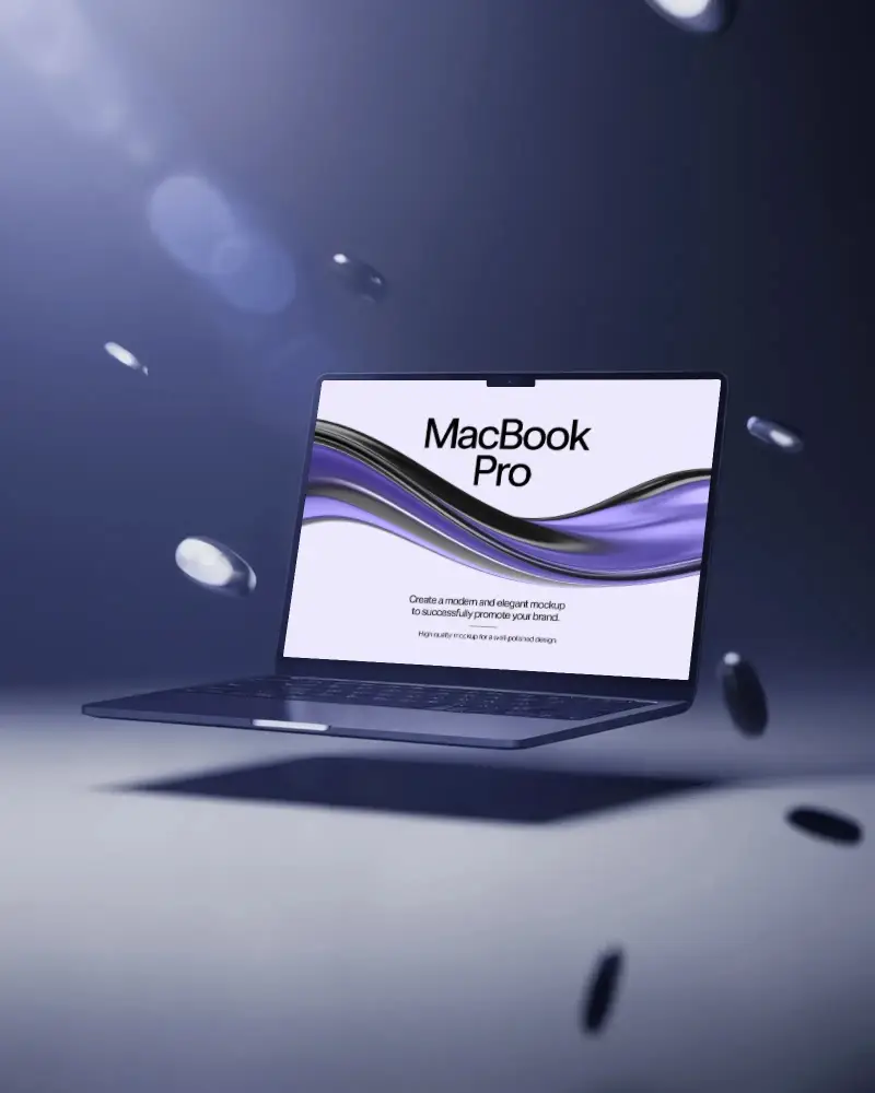 Macbook M4 Pro Mockup Suspended Amid Floating Discs In Dreamy Purple Studio Light