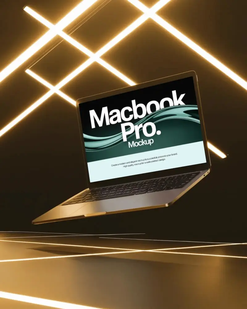 Macbook M1 Pro Mockup Floating In Golden Light Beams Modern Studio Tech Scene