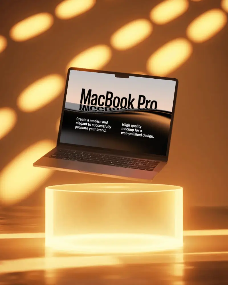 Macbook M2 Pro Mockup Floating Above Glowing Podium In Warm Golden Ambient Light