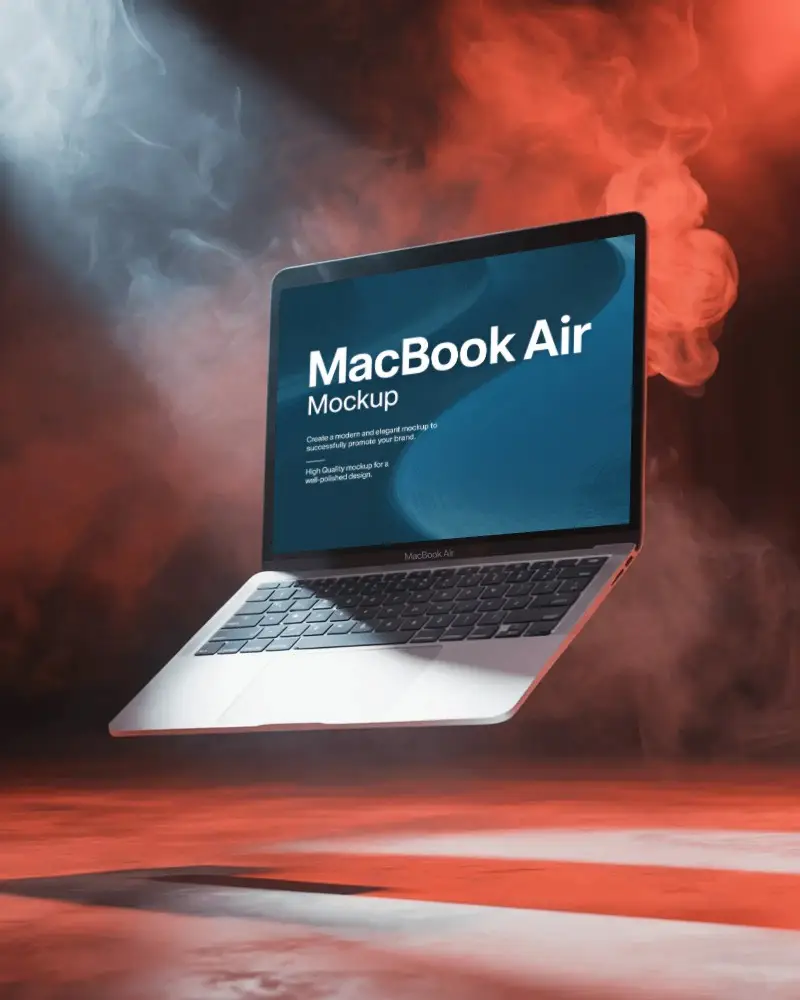 Macbook M1 Air Mockup Floating In Smoky Red And White Spotlight Dramatic Light Scene