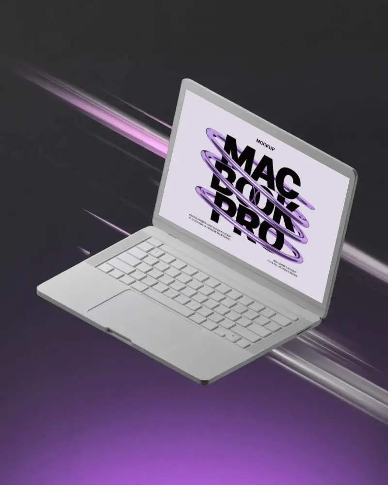 Floating Clay Macbook M1 Pro Mockup Against Glowing Purple Speed Light Trails