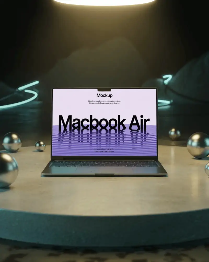 Glowing Halo Macbook M4 Air Mockup On Podium With Metal Balls In Dark Scenery