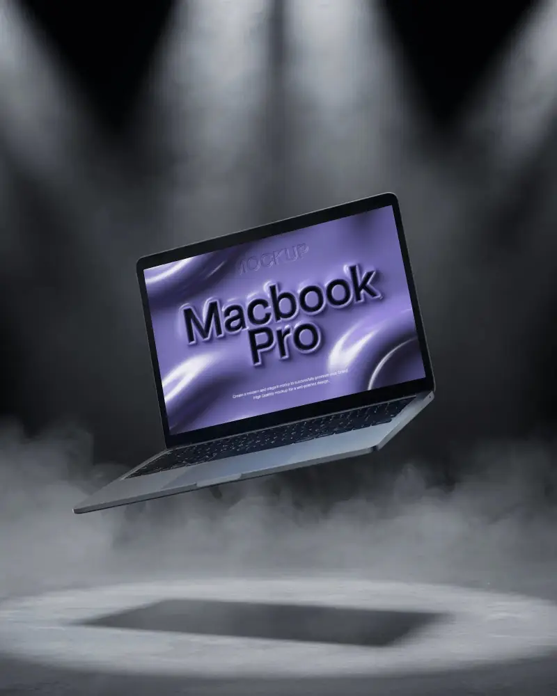 Macbook M1 Pro Mockup Floating In Theatrical Spotlight With Dark Smoke And Shadow