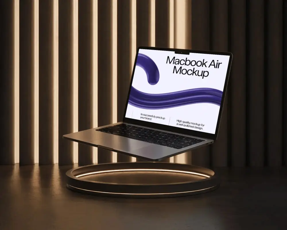 Macbook M4 Air Mockup Floating Above Lit Ring Platform With Warm Vertical Light Bars