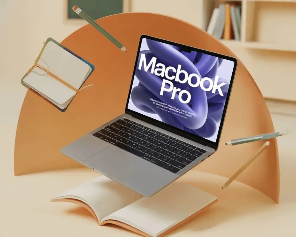 Macbook M3 Pro Mockup Floating Above Open Book With Pencils And Notebooks In Air