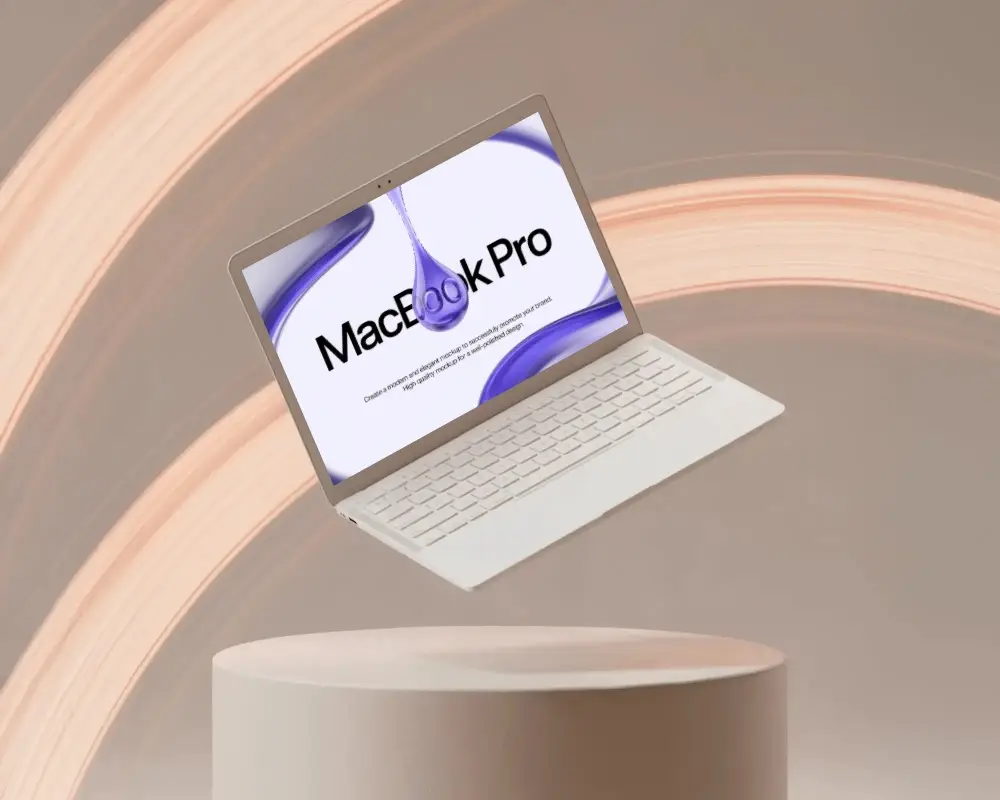 Clay Style Macbook M1 Pro Mockup Floating Above Pedestal With Smooth Light Trails