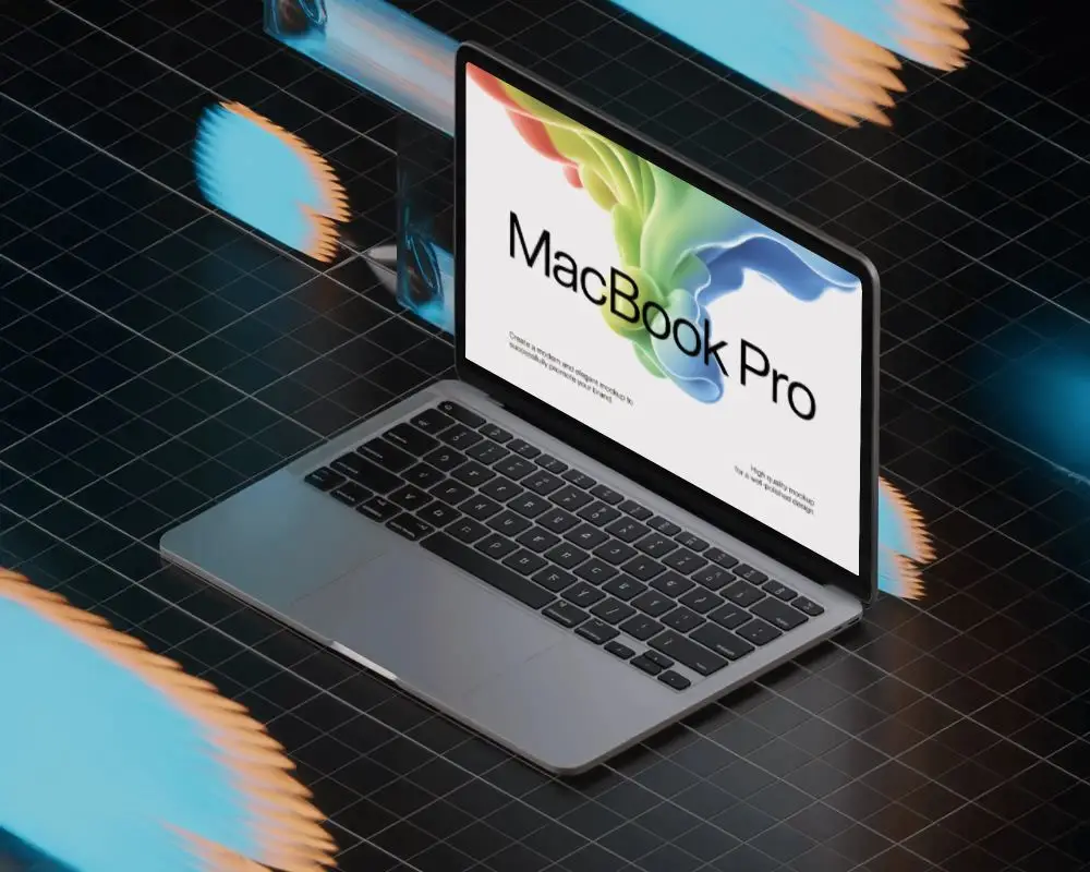 Macbook M1 Pro Mockup On Digital Grid Surface With Blue Motion Blurs And Reflections