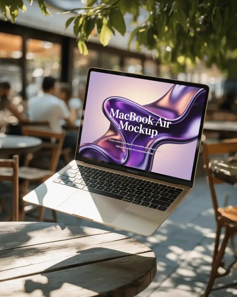 Macbook M1 Air Mockup Floating Over Wooden Cafe Table In Sunny Outdoor Seating Area