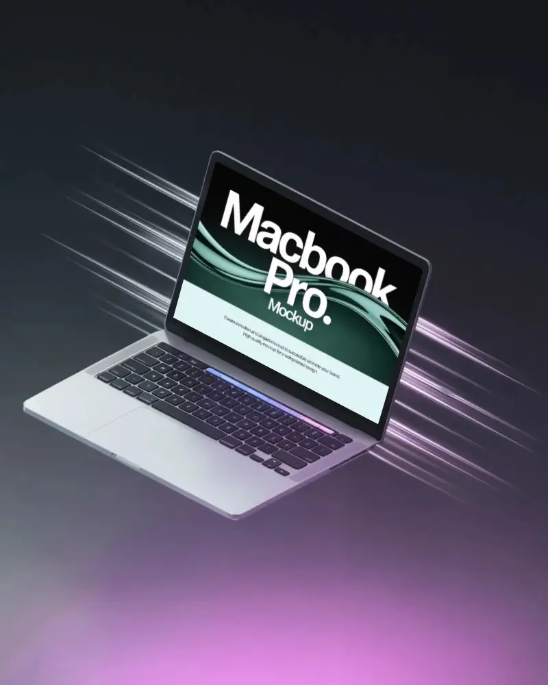 Macbook M1 Pro Mockup Floating With Speed Lines And Purple Glow On Dark Gradient