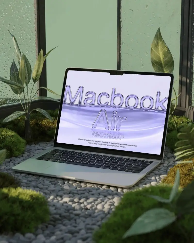Macbook M4 Air Mockup On Pebble Path Amid Greenery And Moist Glass Walls In Soft Light