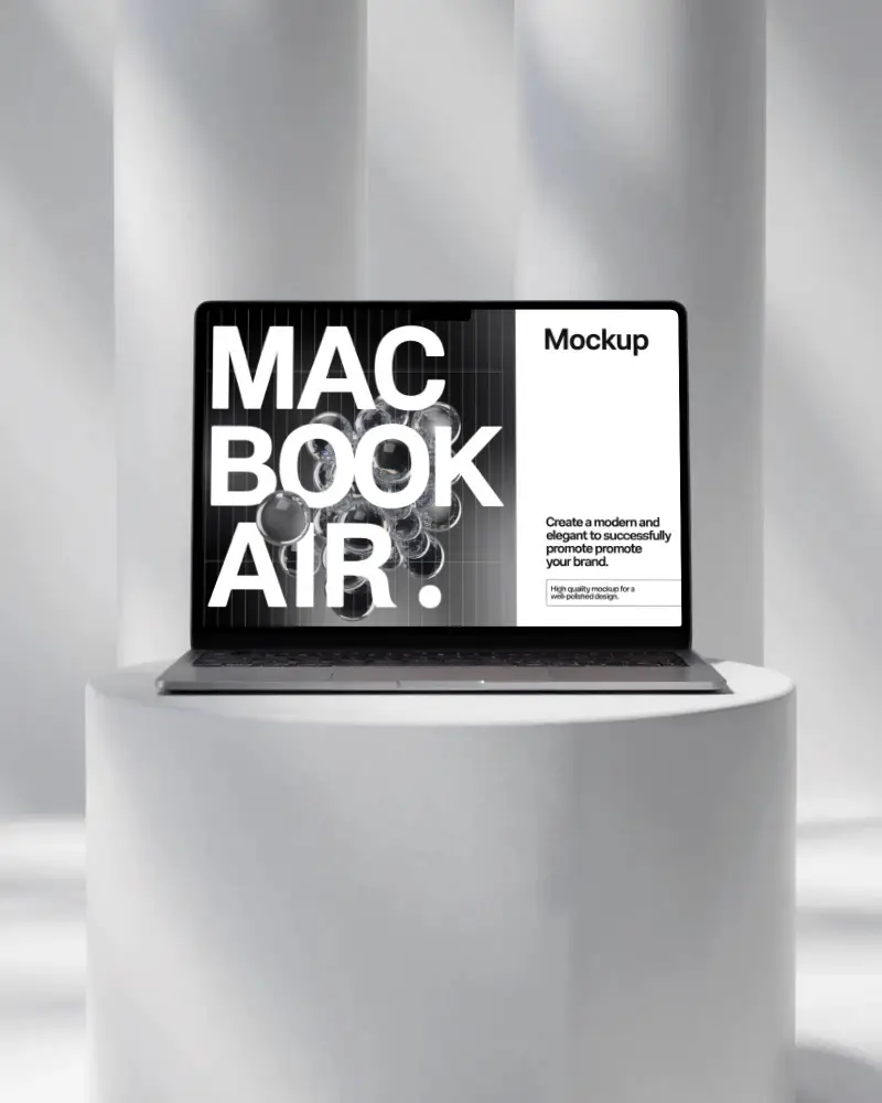 Minimal Scene Macbook M3 Air Mockup Centered On Round Platform In White Interior