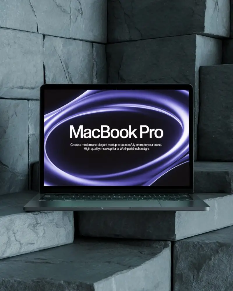 Macbook M1 Pro Mockup On Dark Stone Blocks With Geometric Stack And Moody Lighting