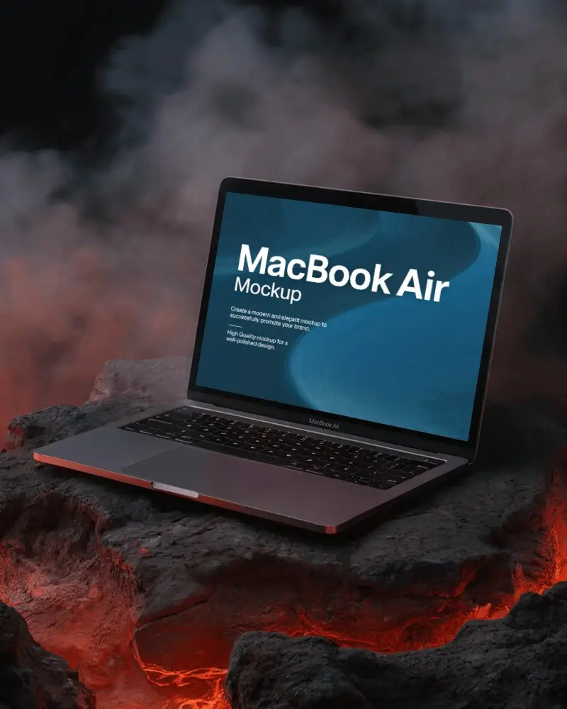 Molten Scene Macbook M1 Air Mockup Set On Dark Stone With Embers And Fiery Cracks