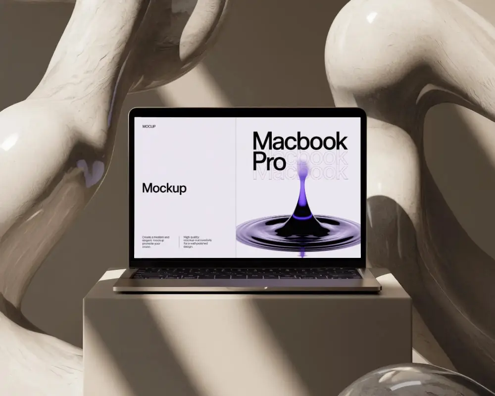 Modern Art Macbook M1 Pro Mockup Set Against Abstract Shapes In Neutral Studio