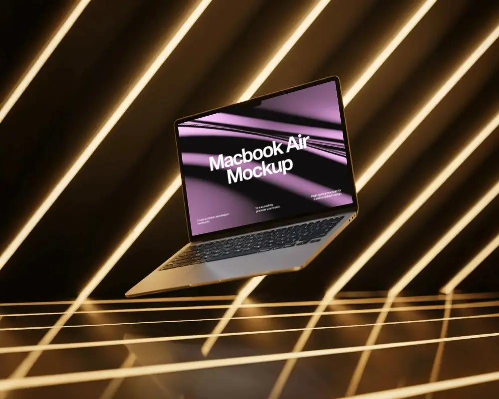 Futuristic Light Macbook M2 Air Mockup Hovering In Glow Tunnel With Golden Stripes
