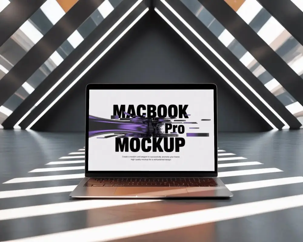 Macbook M1 Pro Mockup Centered In Angled Light Tunnel With Bold Shadow Pattern