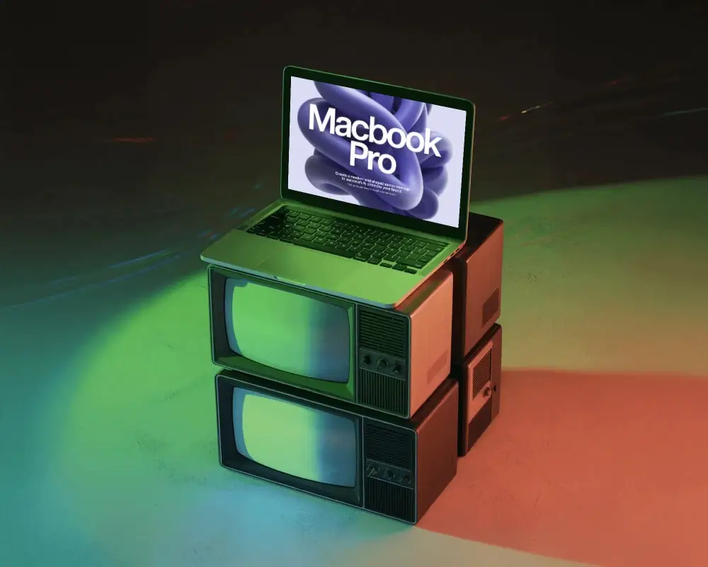 Nostalgic Display Macbook M1 Pro Mockup Staged On Vintage Screens Under Glow