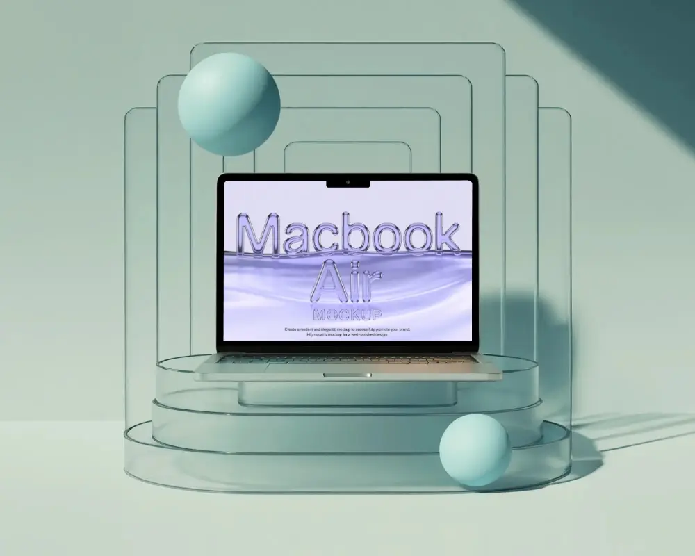 Macbook M4 Air Mockup On Clear Platform With Glass Frames And Floating Blue Spheres