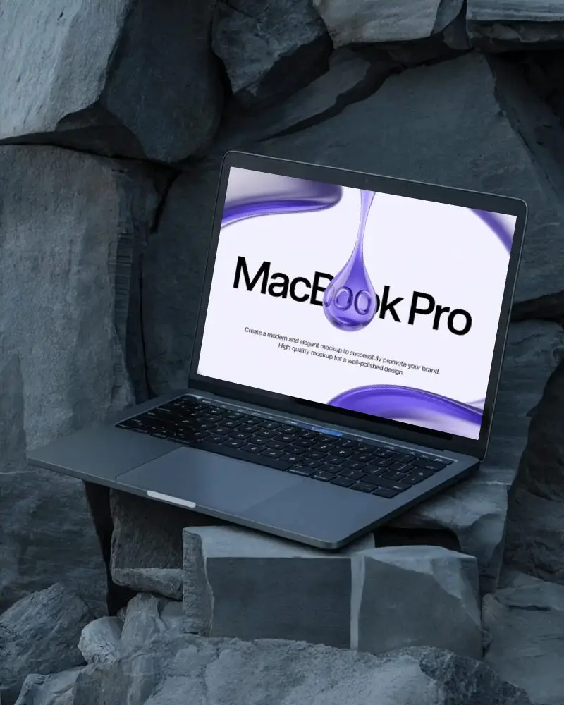 Macbook M1 Pro Mockup On Natural Rock Formation With Cool Toned Shadows And Texture