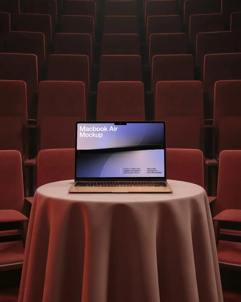 Cinematic Mood Macbook M3 Air Mockup Staged In Auditorium On Draped Round Stand