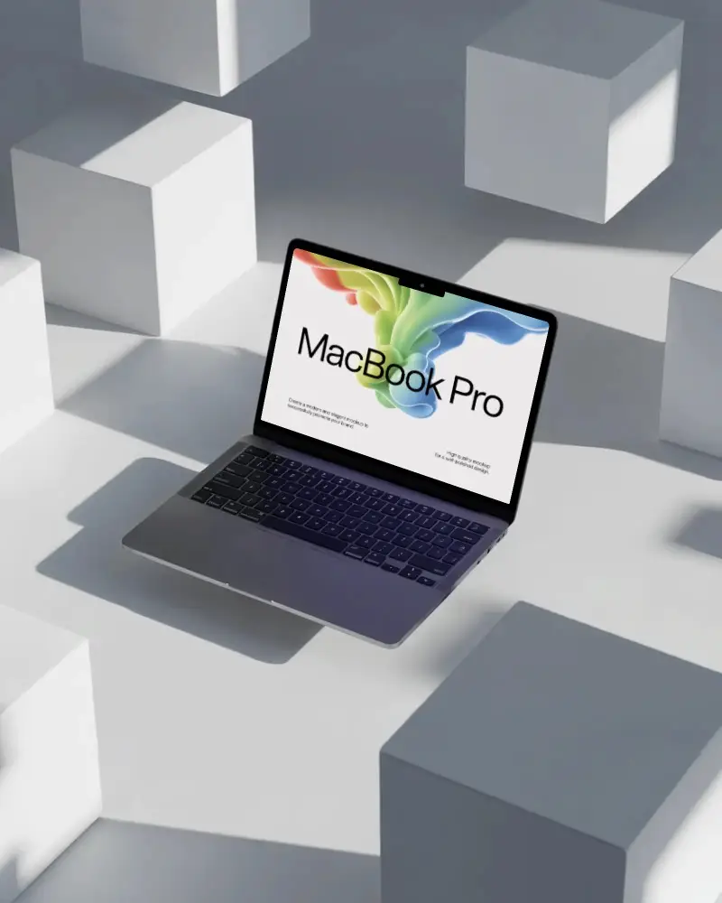 Geometric Scene Macbook M4 Pro Mockup Suspended With Cubes And Angled Lighting
