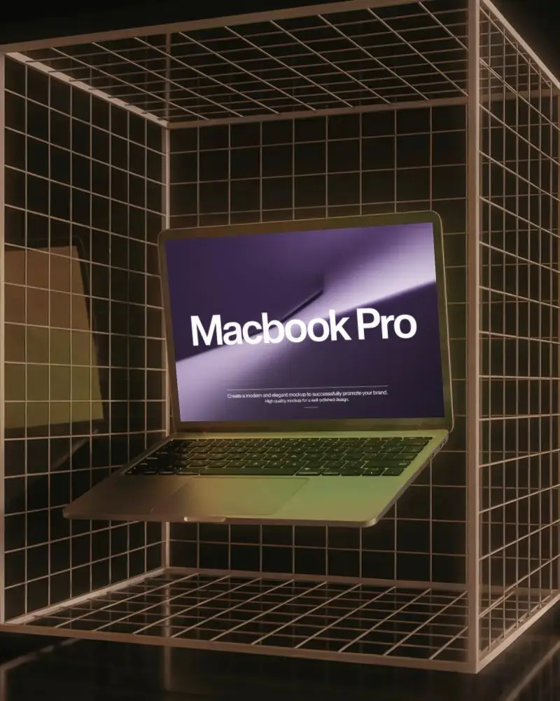 Macbook M1 Pro Mockup Floating In 3d Wireframe Cube With Dark Background And Glow