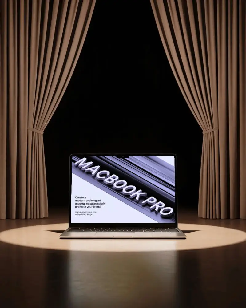 Macbook M3 Pro Mockup On Spotlit Stage With Draped Curtains In Dark Theater Scene