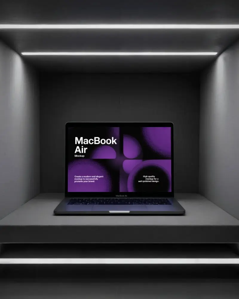 Macbook M1 Air Mockup On Dark Shelf With Top And Bottom Led Strips In Minimal Box