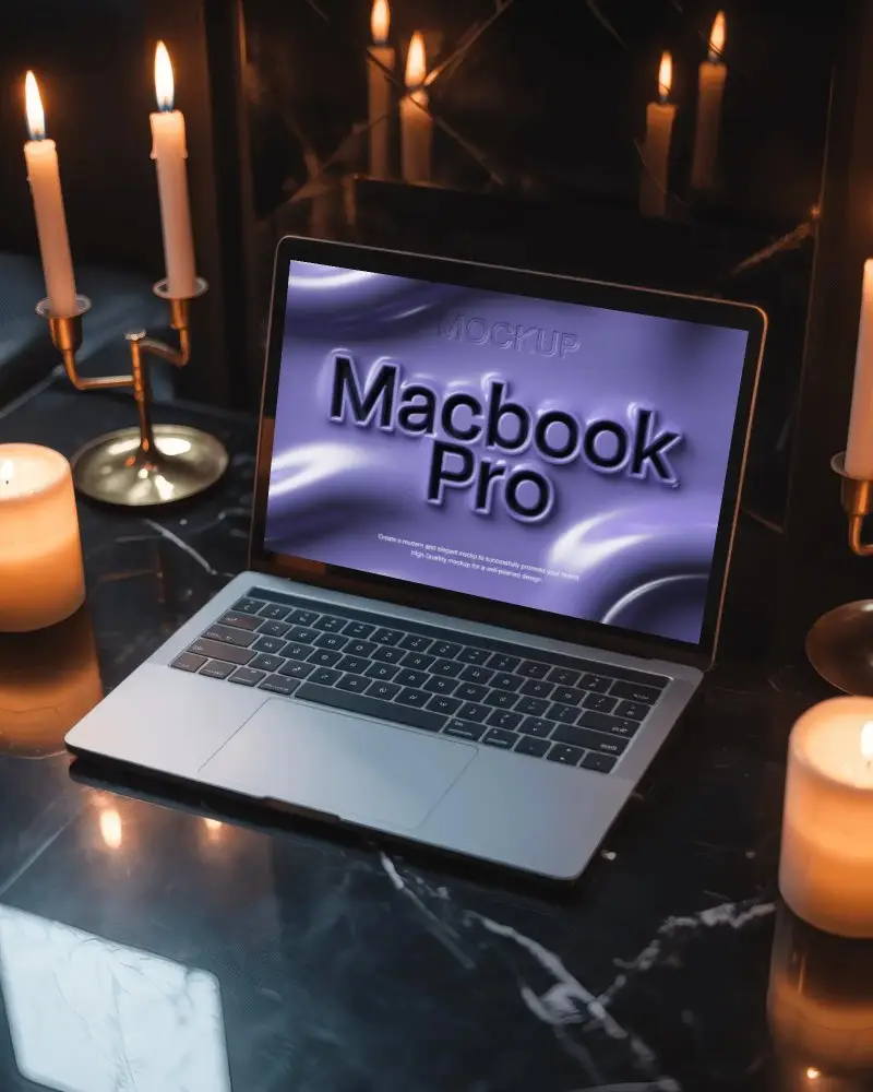 Macbook M1 Pro Mockup On Black Marble Surface Surrounded By Glowing Candles