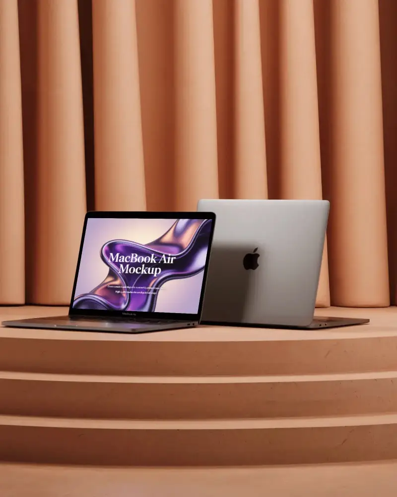 Front And Back Macbook M1 Air Mockup On Stepped Podium In Soft Draped Setting