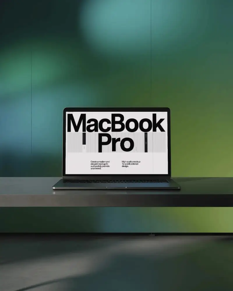 Macbook M1 Pro Mockup In Clean Studio Scene With Gradient Green Blue Wall Light