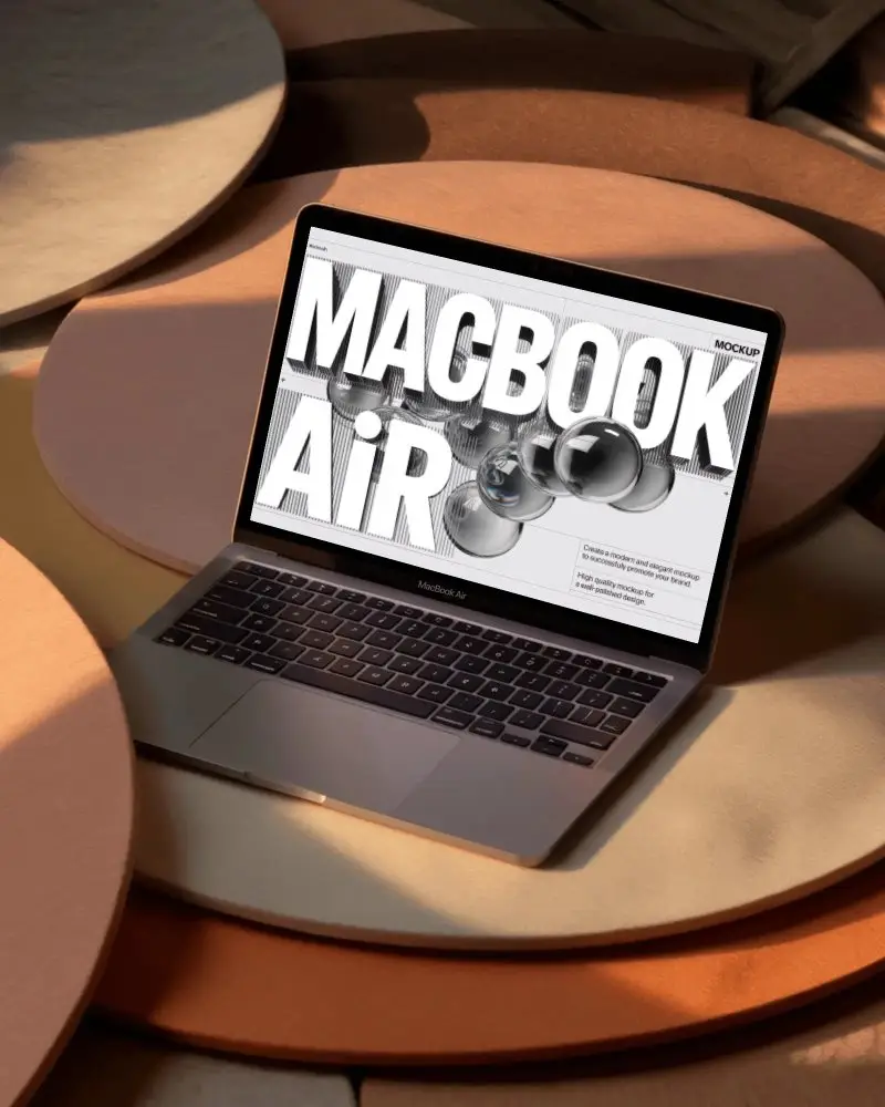 Artistic Round Carpet Macbook Air M1 Mockup Soft Shadows In Creative Studio Lighting