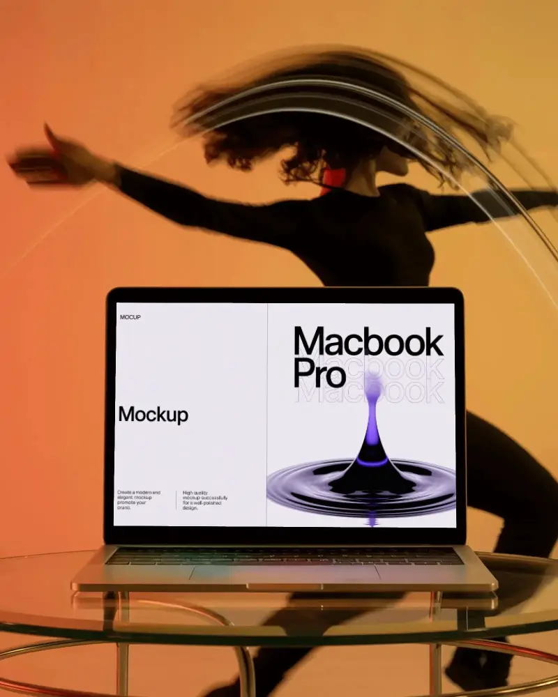 Artistic Motion Scene Macbook Pro M1 Mockup With Dancer In Colorful Studio Light