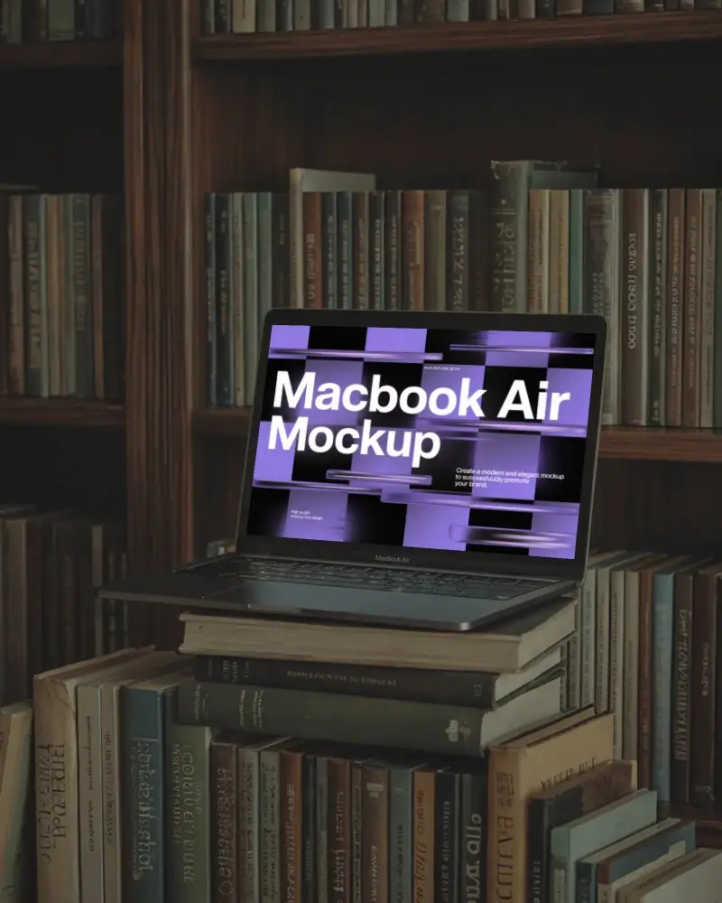 Vintage Library Macbook Air M1 Mockup Stacked On Books With Dark Wooden Shelves