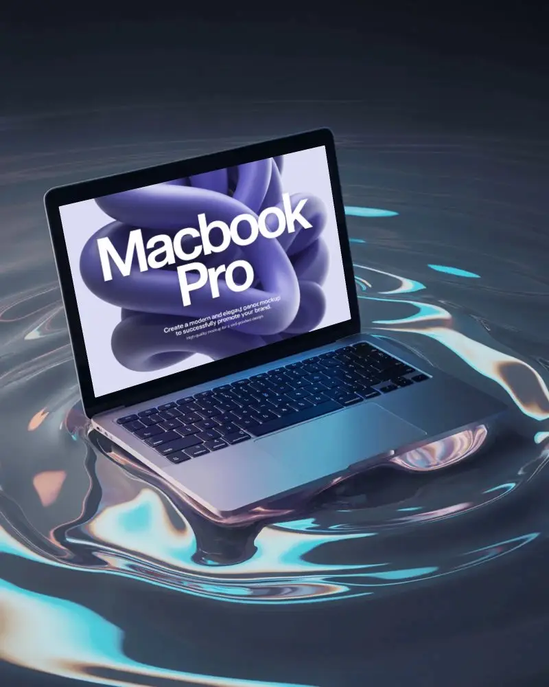 Neon Glow Macbook Pro M1 Mockup Immersed In Reflective Fluid Dreamlike Environment