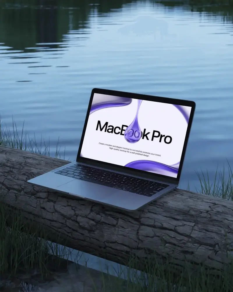 Outdoor Lake Scene Macbook Pro M1 Mockup On Log With Calm Water And Evening Light