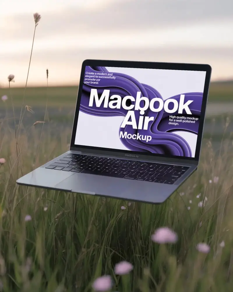 Floating Macbook Air M1 Mockup In Meadow With Pink Flowers And Soft Evening Light