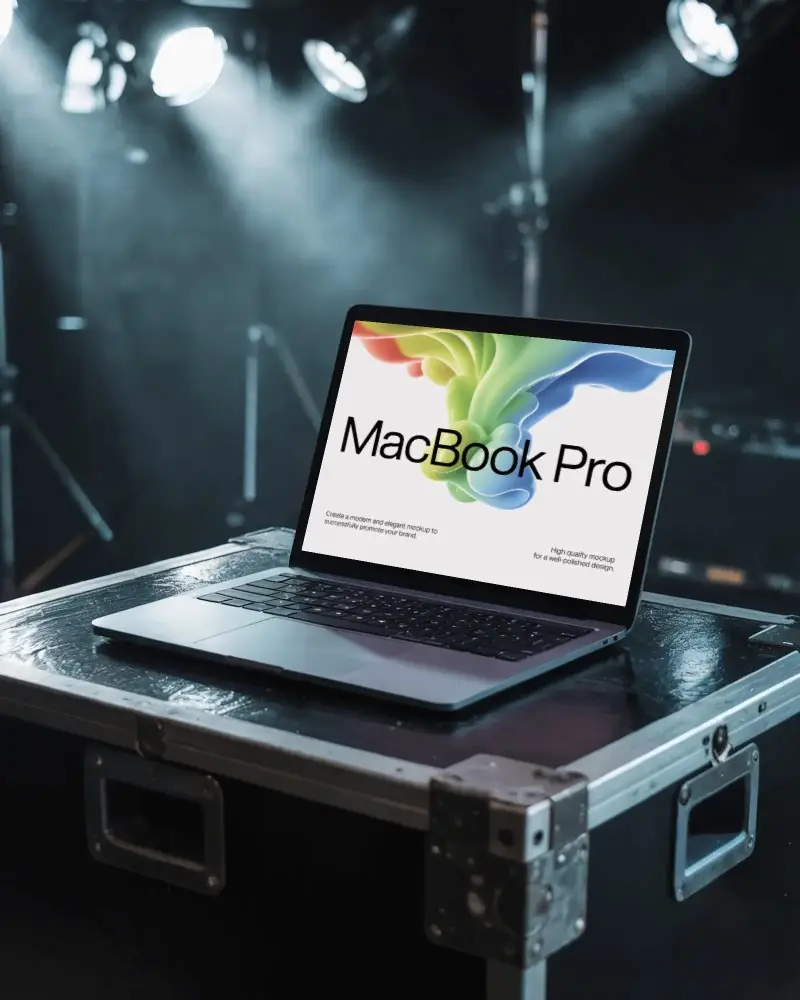 Macbook Pro M1 Mockup On Stage Equipment Case With Dramatic Concert Lighting Effect