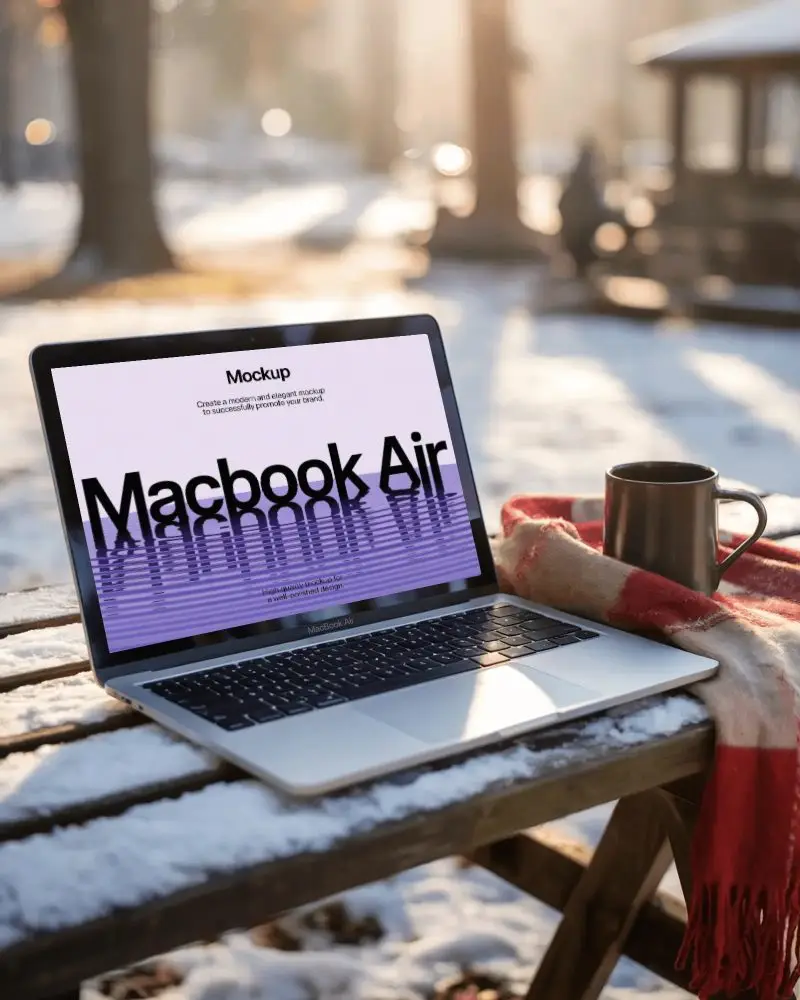 Snowy Park Macbook Air M1 Mockup On Wooden Table With Mug And Sunlit Winter Scene